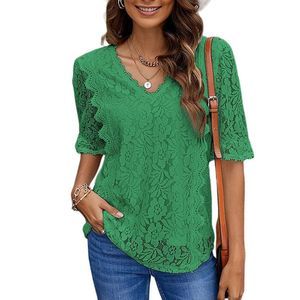 Danqi Green Floral Lace Ruffle Accent V Neck Top Size XL